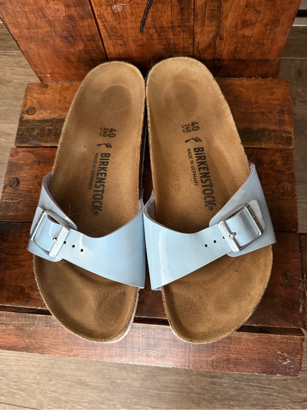 Birkenstock Pale Blue Patent Single Strap Sandals